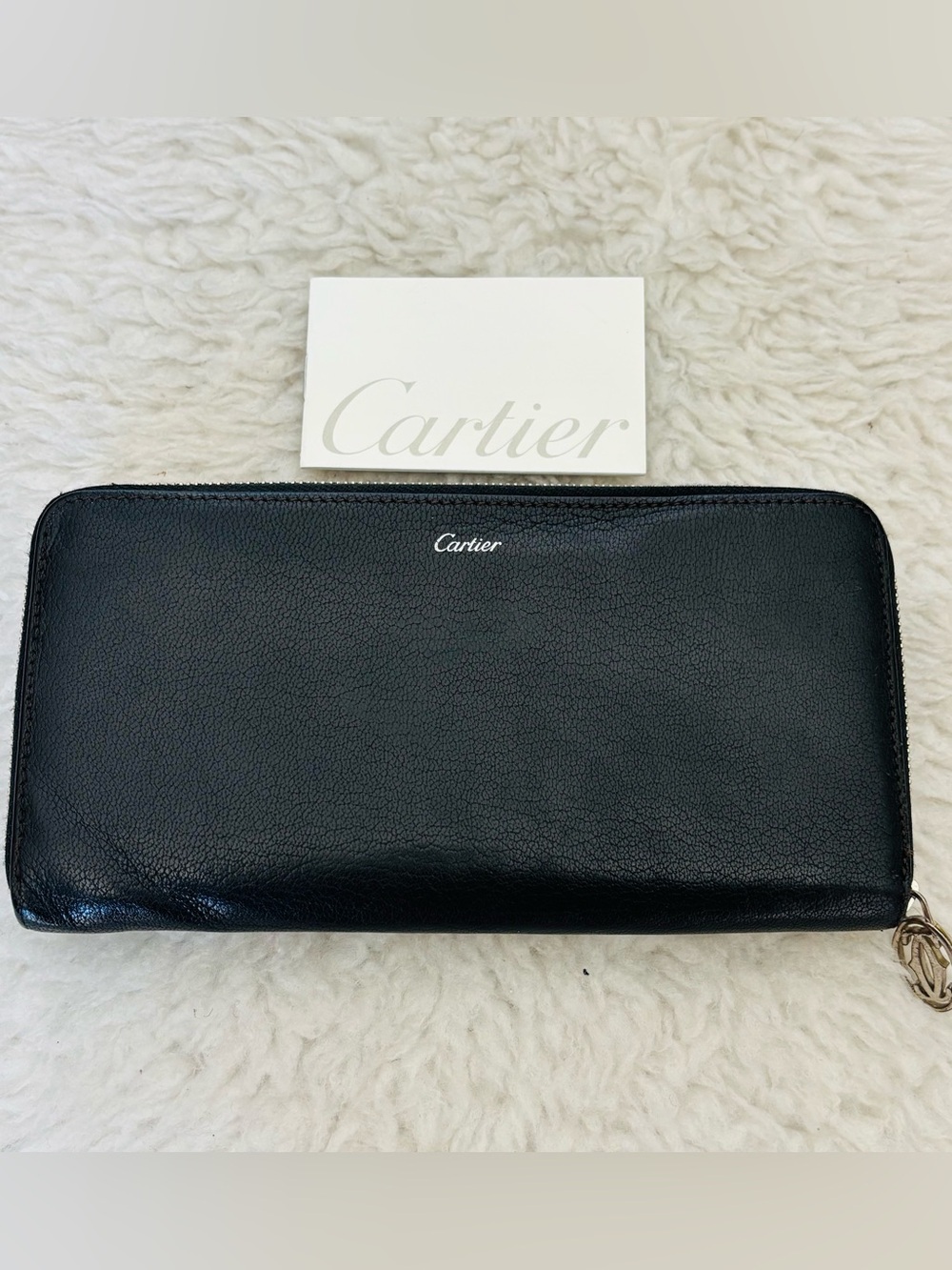 Cartier Black Leather Zip Around Flap Back Pocket Long Wallet w/ Booklet
